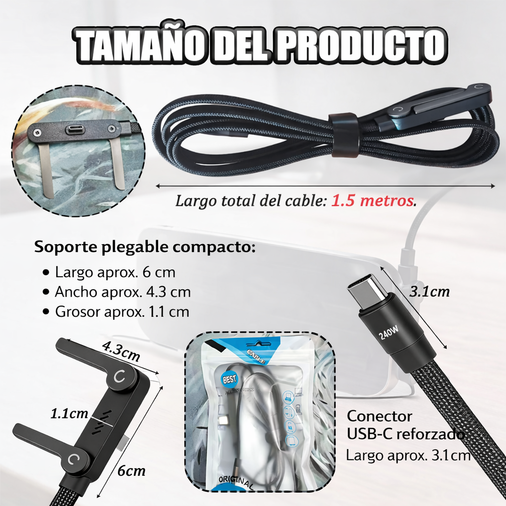 Cable Tipo C con Soporte Plegable – Carga Rápida 240W